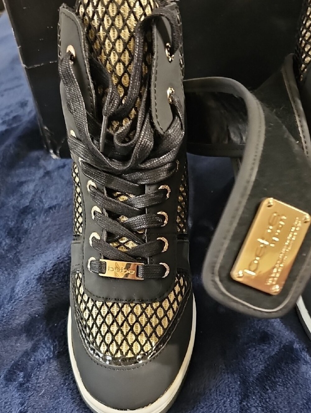 bebe Black and Gold High-Top Wedge Sneakers for Women Size 9 - Picture 6 of 12